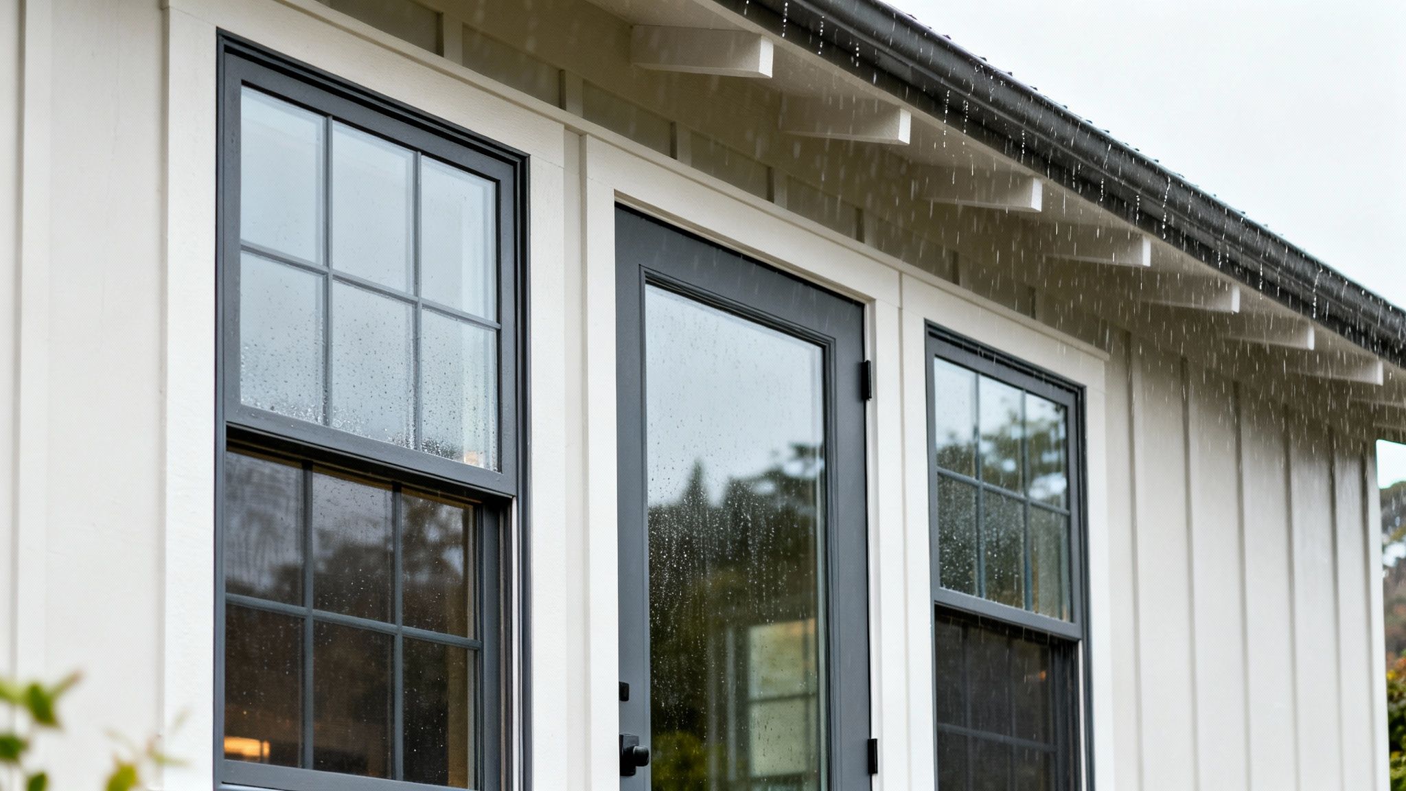 Exterior of a modern building with white siding, black windows and door, during a rain shower.