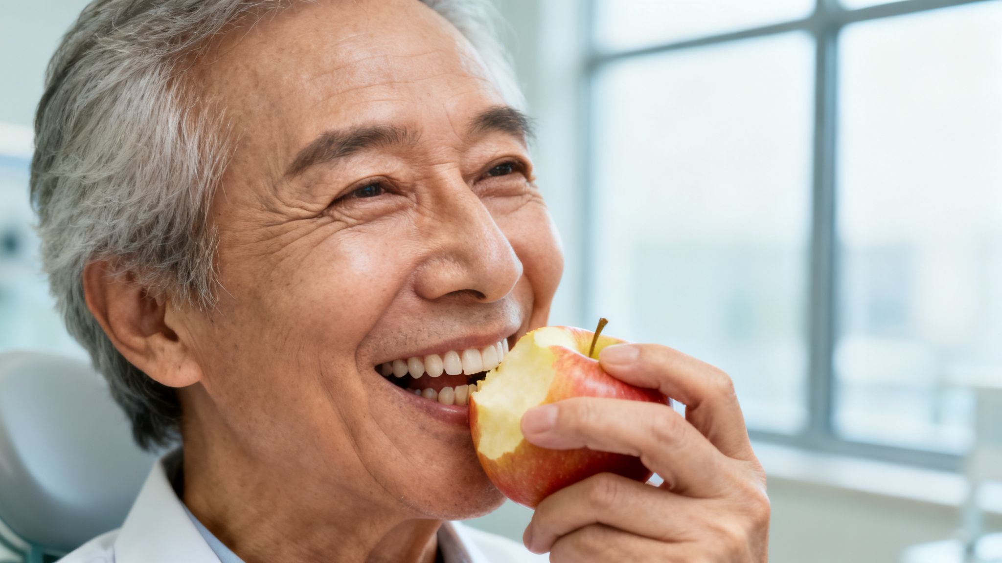 Happy senior Asian man with healthy white teeth smiling while biting into a red apple.