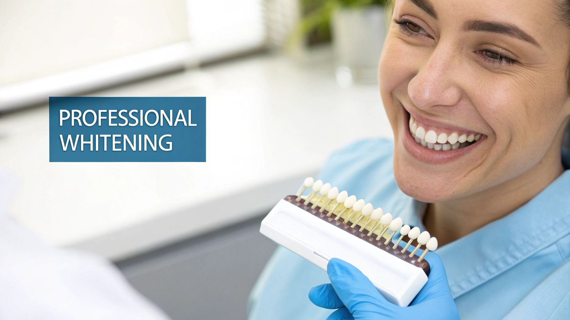 A happy woman smiling as a dentist holds a tooth shade guide for professional whitening.