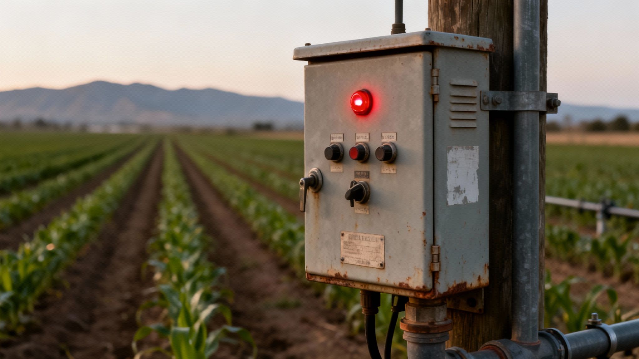 A rusty control box with a glowing red light stands in a vast agricultural field at sunset.