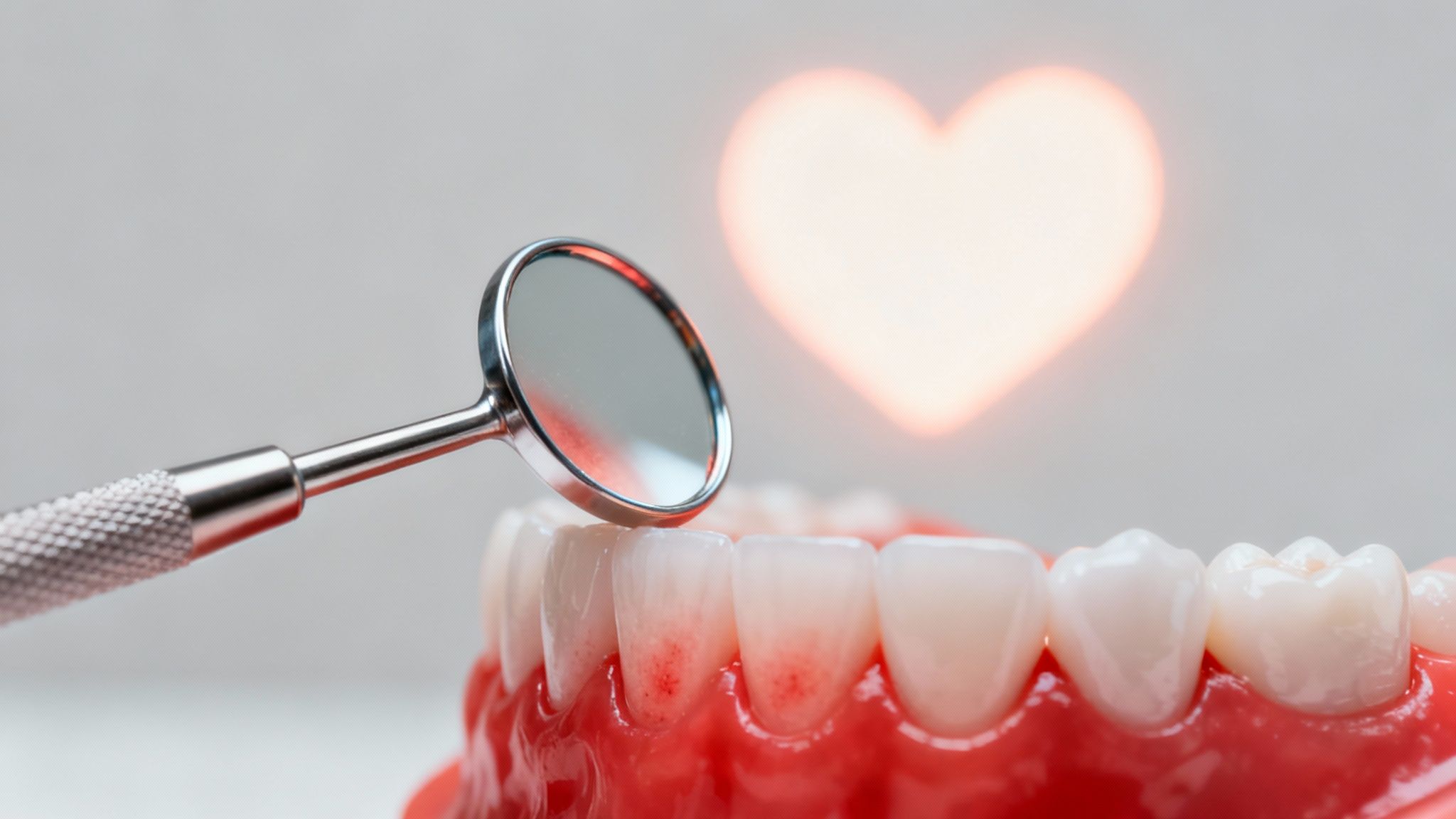 A dental mirror next to a dental model showing inflamed gums with red spots and a glowing heart.