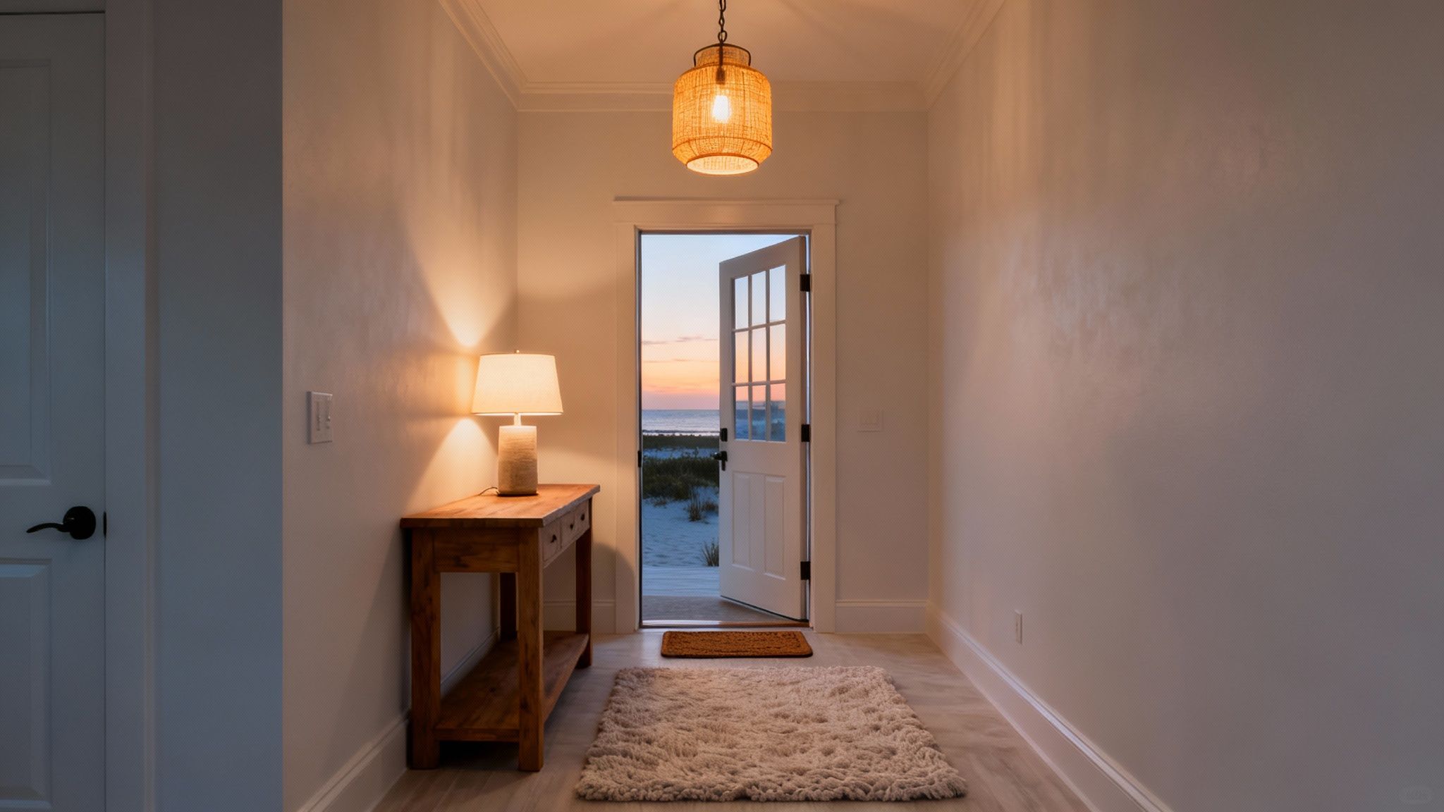 Warm welcoming entryway with pendant lighting and lamp creating inviting ambiance for vacation rental guests