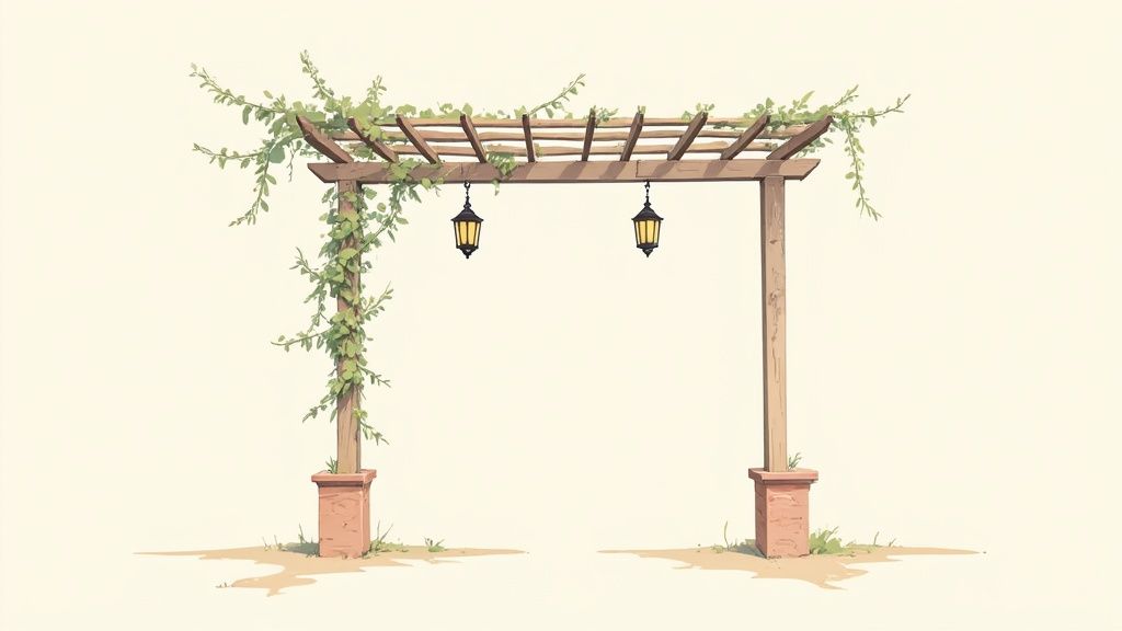 A modern wooden pergola with slatted roof providing partial shade over a comfortable outdoor lounge area.