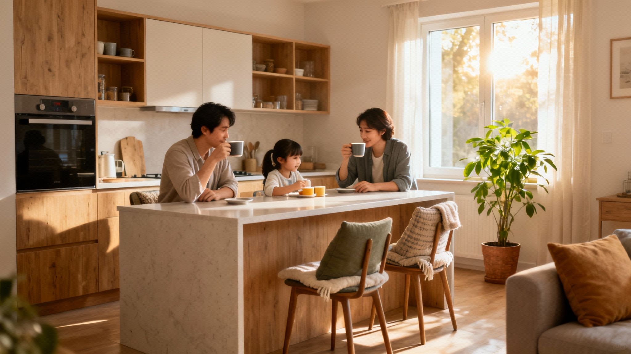 A family enjoys drinks at a bright, modern kitchen island with wooden cabinets and sunlight.