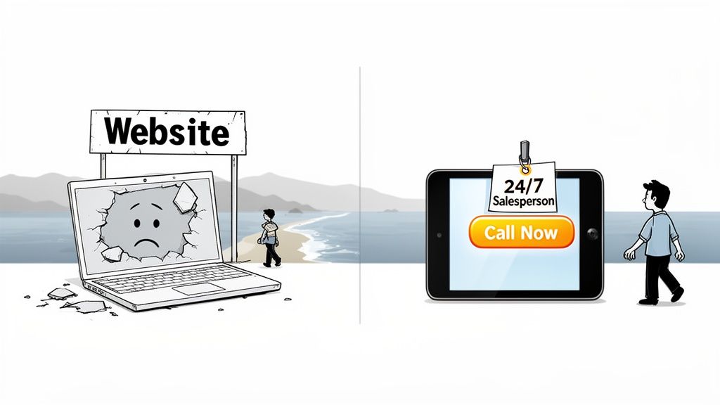 Cartoon illustrating a broken website (sad laptop) versus an effective 24/7 salesperson app with a 'Call Now' button.