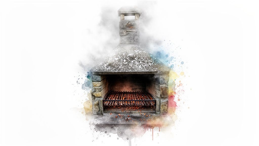 Watercolor artwork of an outdoor stone fireplace with a grill and glowing embers, surrounded by smoke.