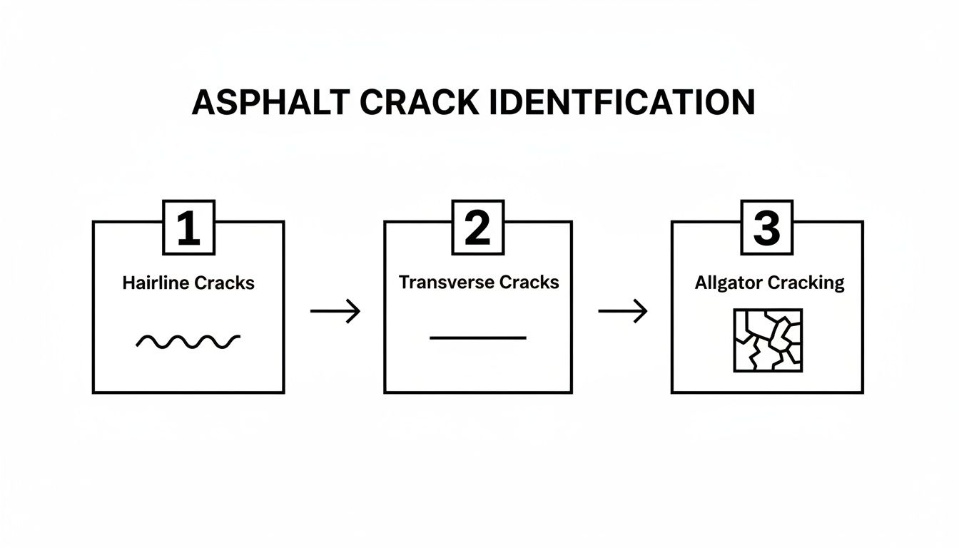 Flowchart illustrating the progression of asphalt cracks: hairline, transverse, and alligator cracking.