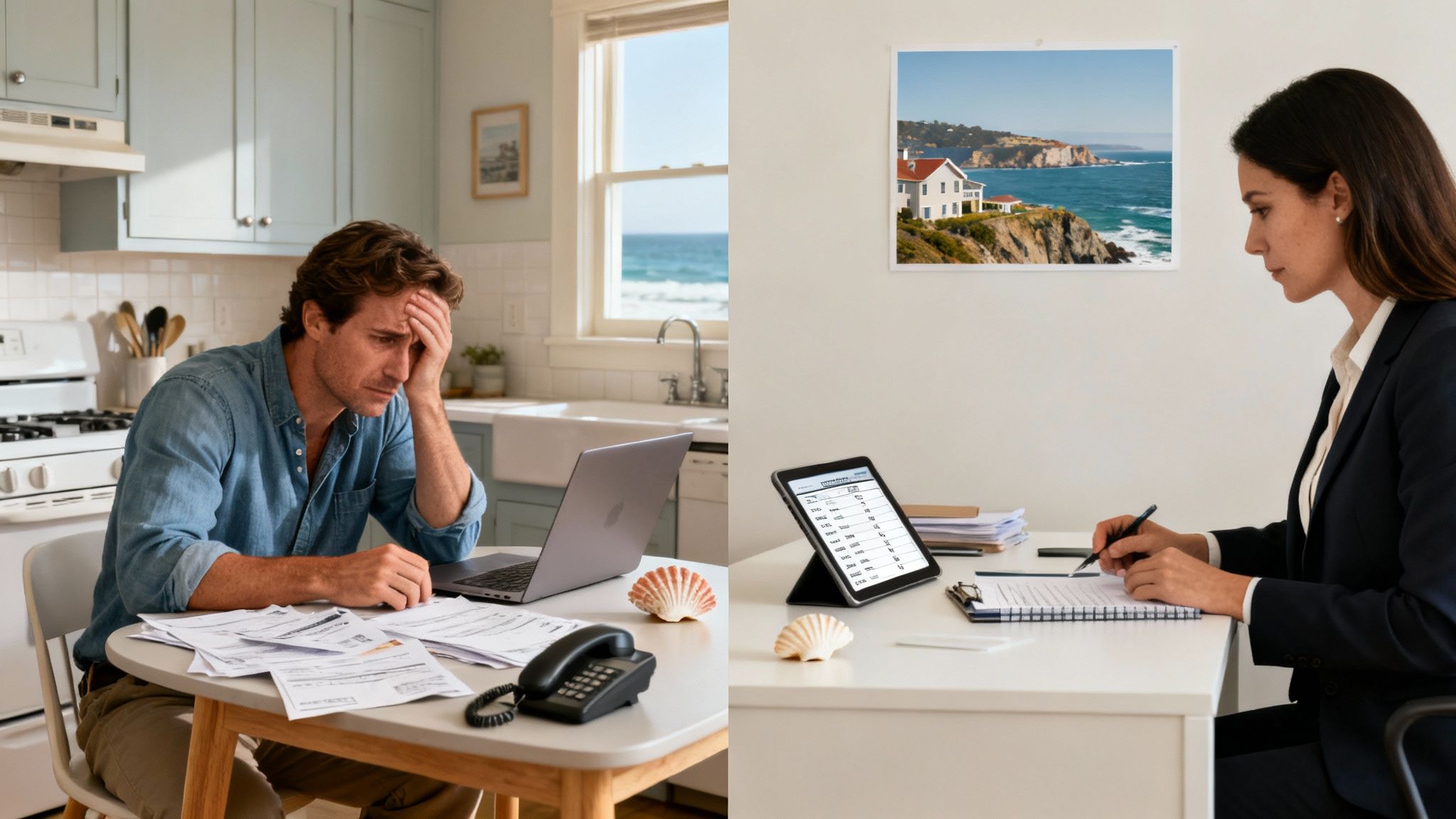 A man stressed over bills and a woman professionally managing finances, both with ocean views.