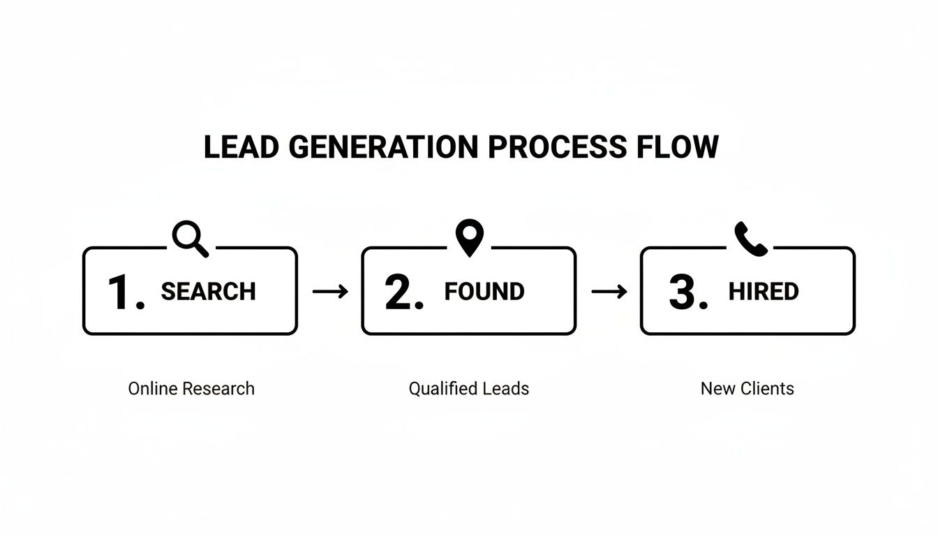 Diagram illustrating a three-step lead generation process from online research to new clients.