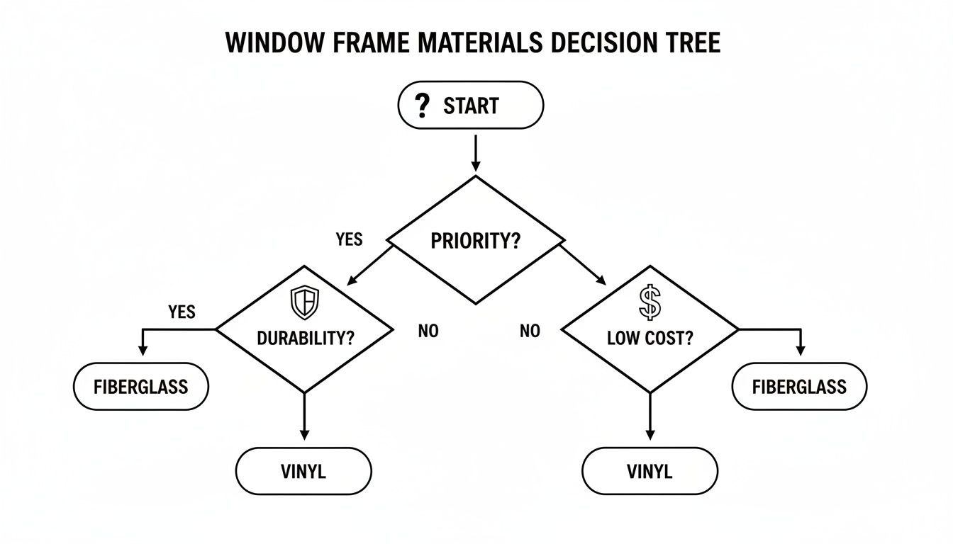 A decision tree flowchart for selecting window frame materials, guiding choices between fiberglass and vinyl based on durability and cost priorities.