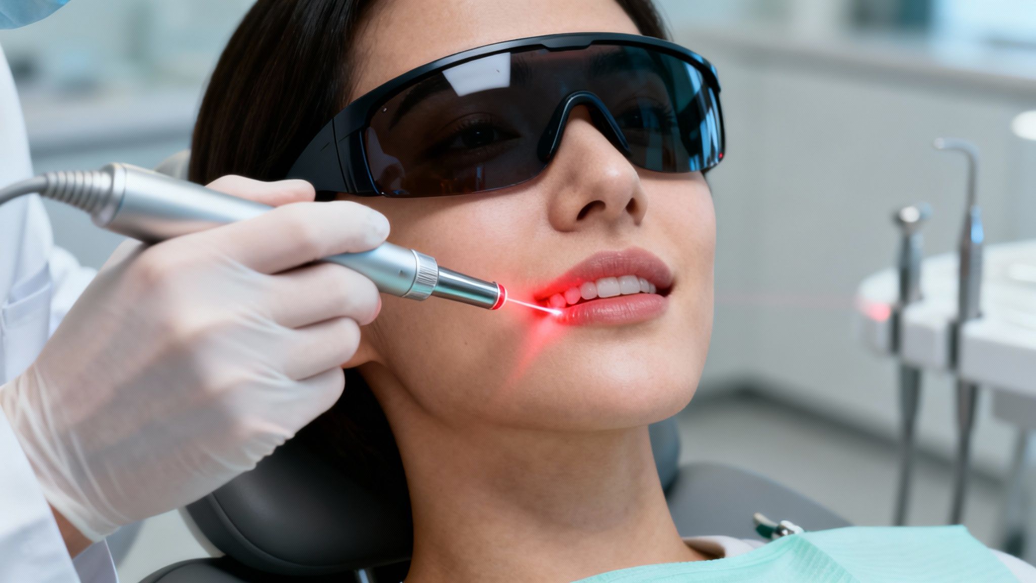 Patient in protective eyewear undergoing laser dental procedure, with a red laser targeting her mouth.
