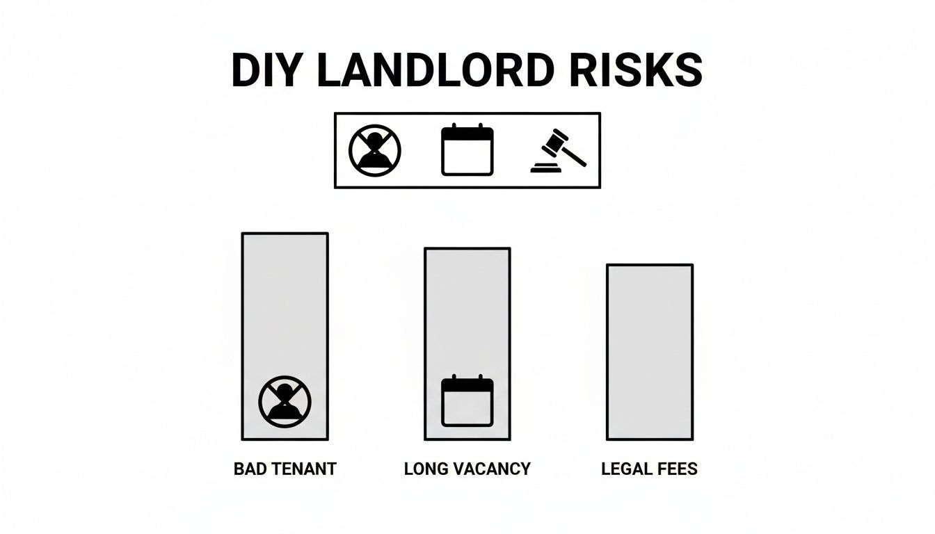 Infographic illustrating the risks for DIY landlords: bad tenants, long vacancies, and legal fees.