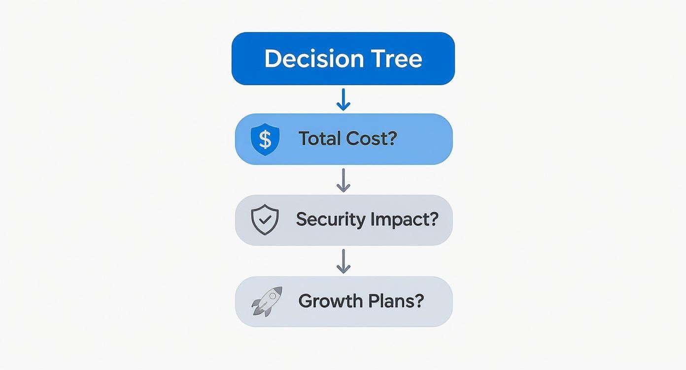 A decision tree diagram illustrating key factors for business decisions: total cost, security impact, and growth plans.
