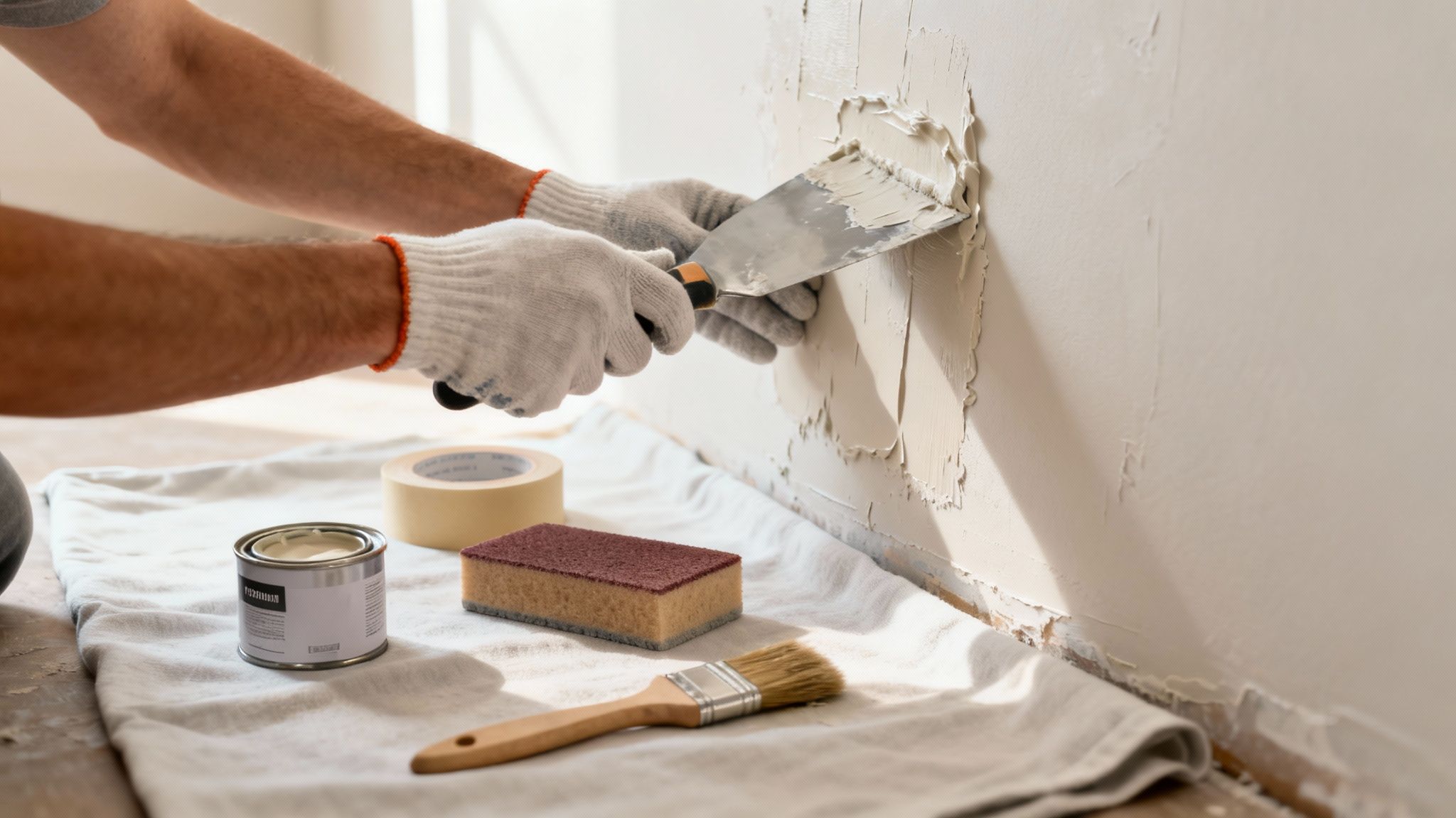 Close-up of gloved hands applying spackle to a wall with a spatula, surrounded by painting tools.