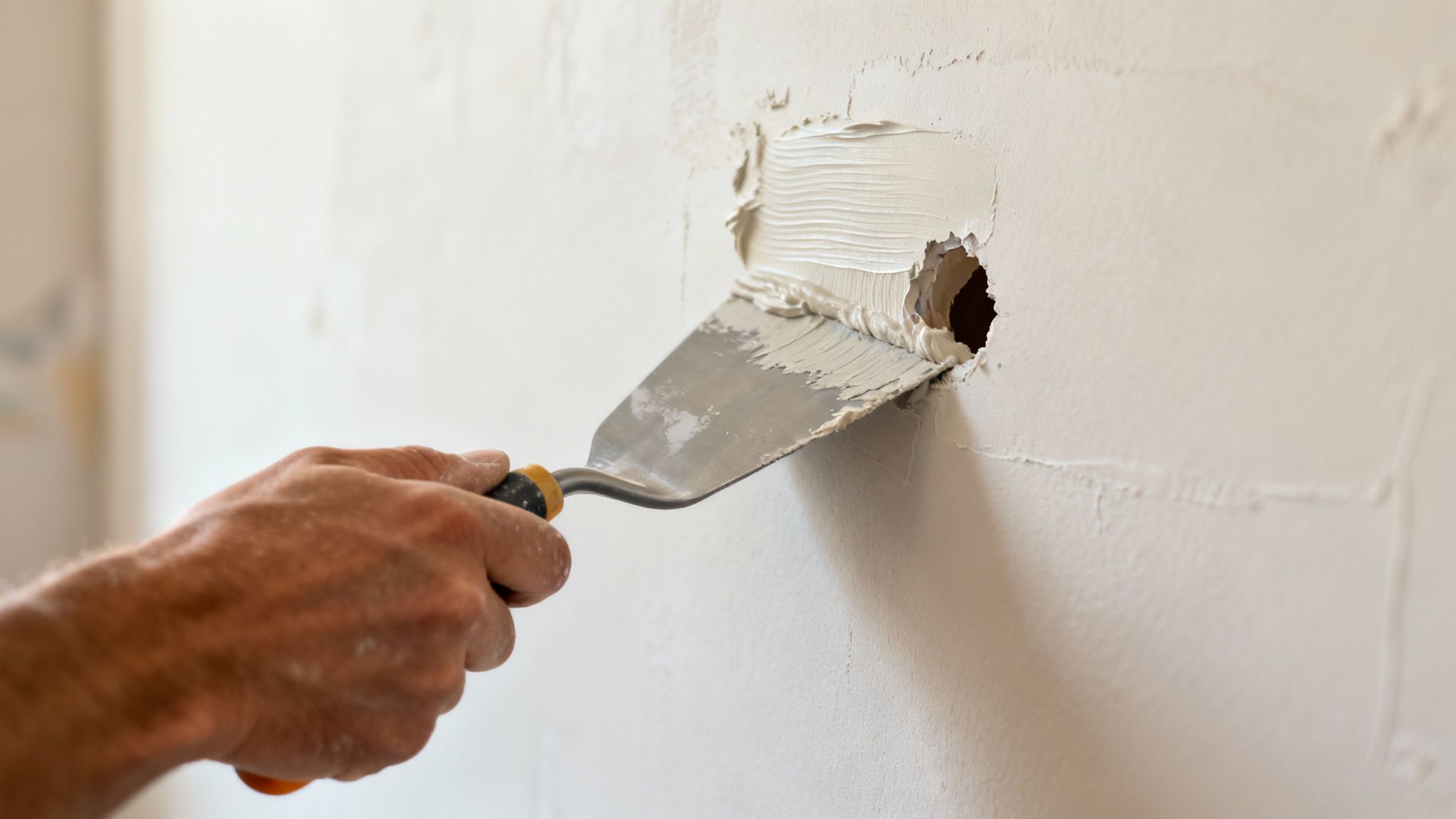 A professional applying joint compound to a wall with a taping knife.