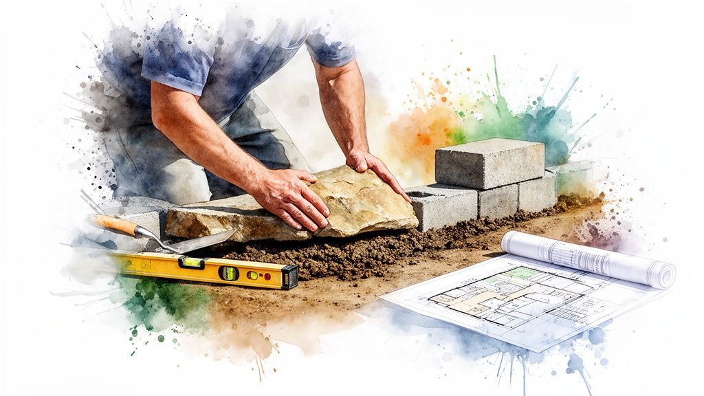A hardscape contractor installs stone pavers and concrete blocks with tools and blueprints.