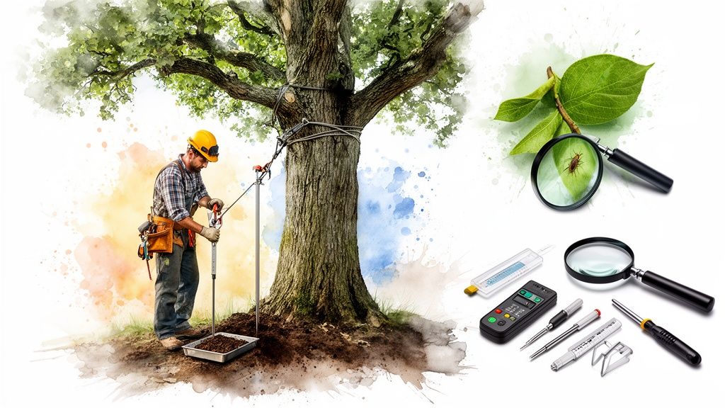Arborist inspecting a tree and soil, with various tools for tree health and pest analysis.