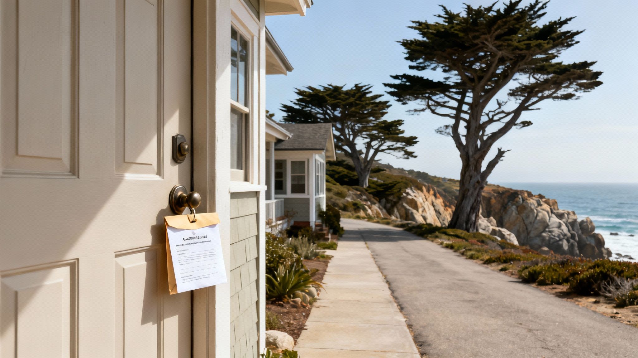 A notice hangs on a door of a coastal house with an ocean view and trees.