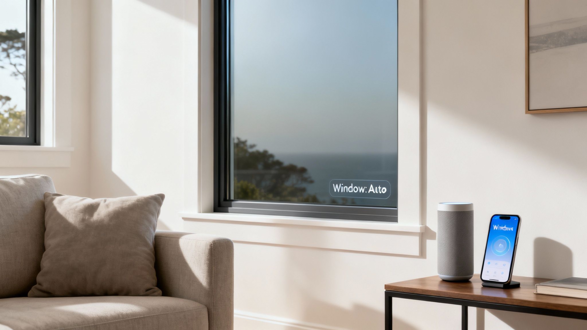 A hand holding a smartphone with an app that controls the tint of a large, modern window.