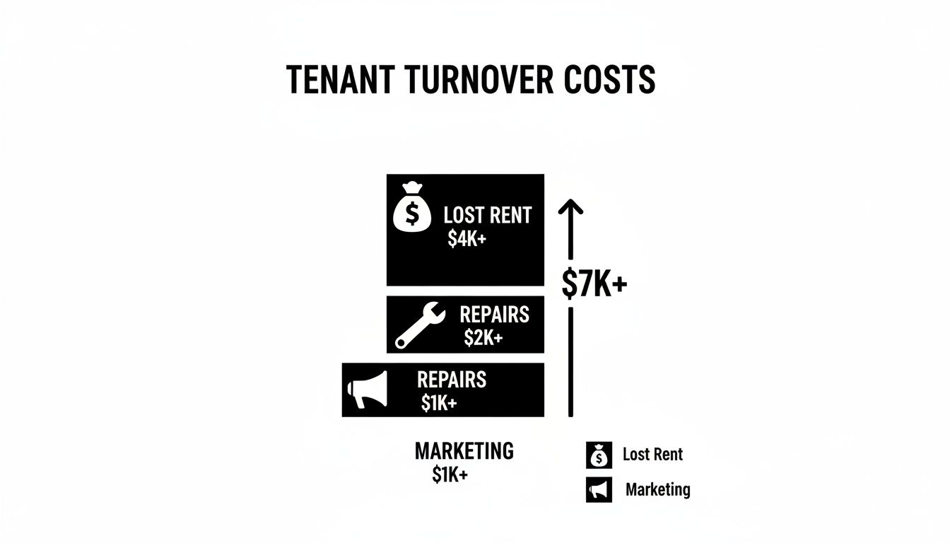 Infographic showing tenant turnover costs including lost rent, repairs, and marketing, totaling over $7,000.