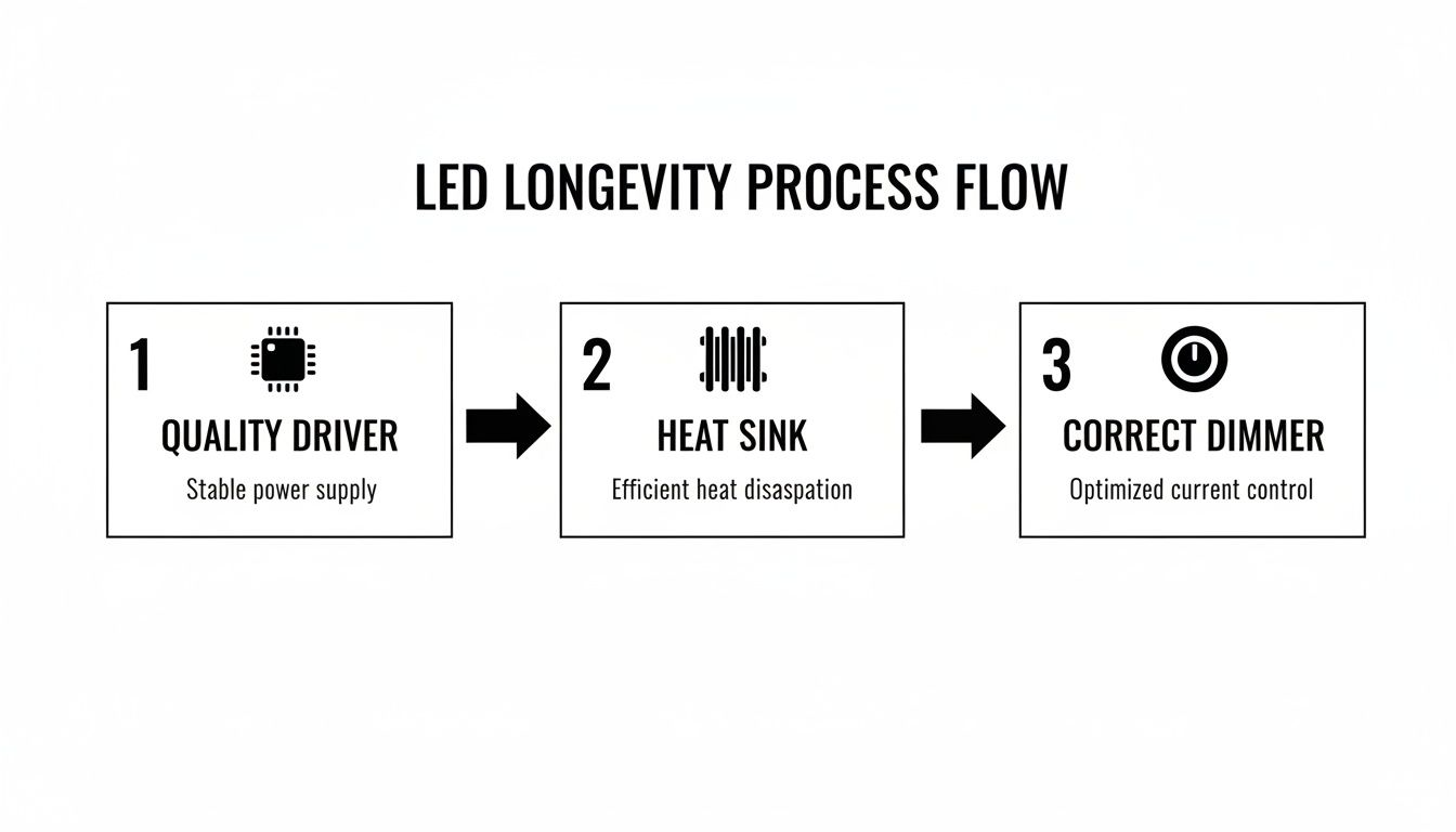 A flow chart illustrating the three key steps for LED longevity: quality driver, heat sink, and correct dimmer.