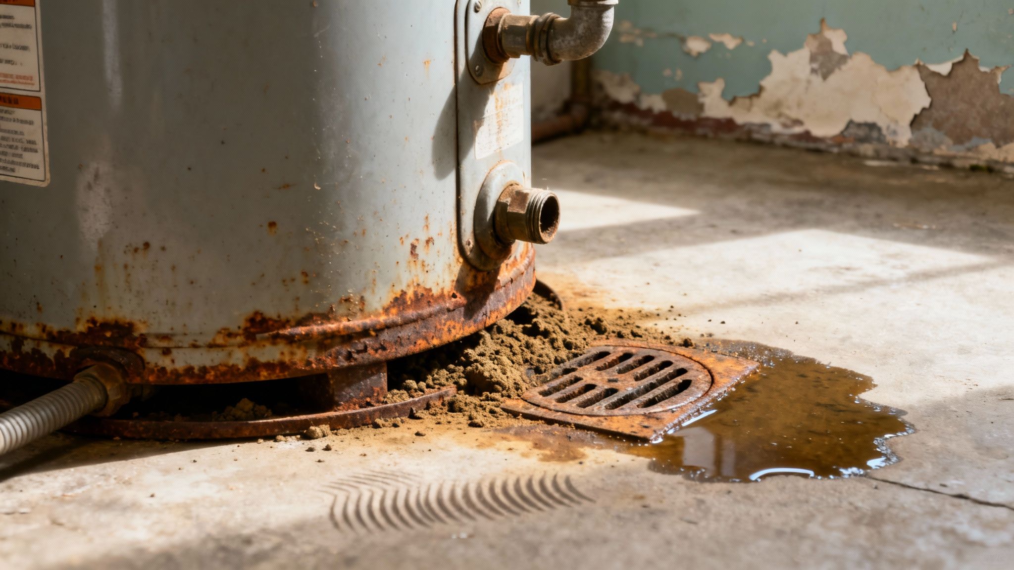A severely corroded water heater is leaking rusty water and debris onto a floor drain, with peeling paint on the wall.