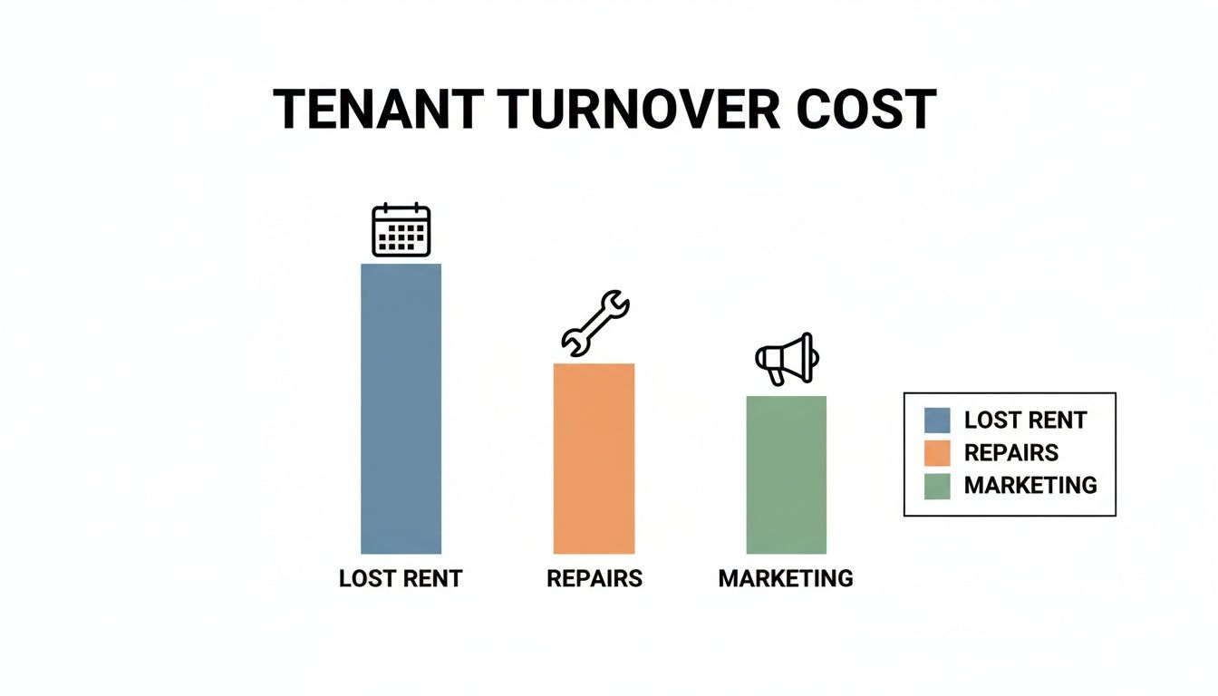 Bar chart displaying tenant turnover costs, highlighting lost rent, repairs, and marketing expenses.