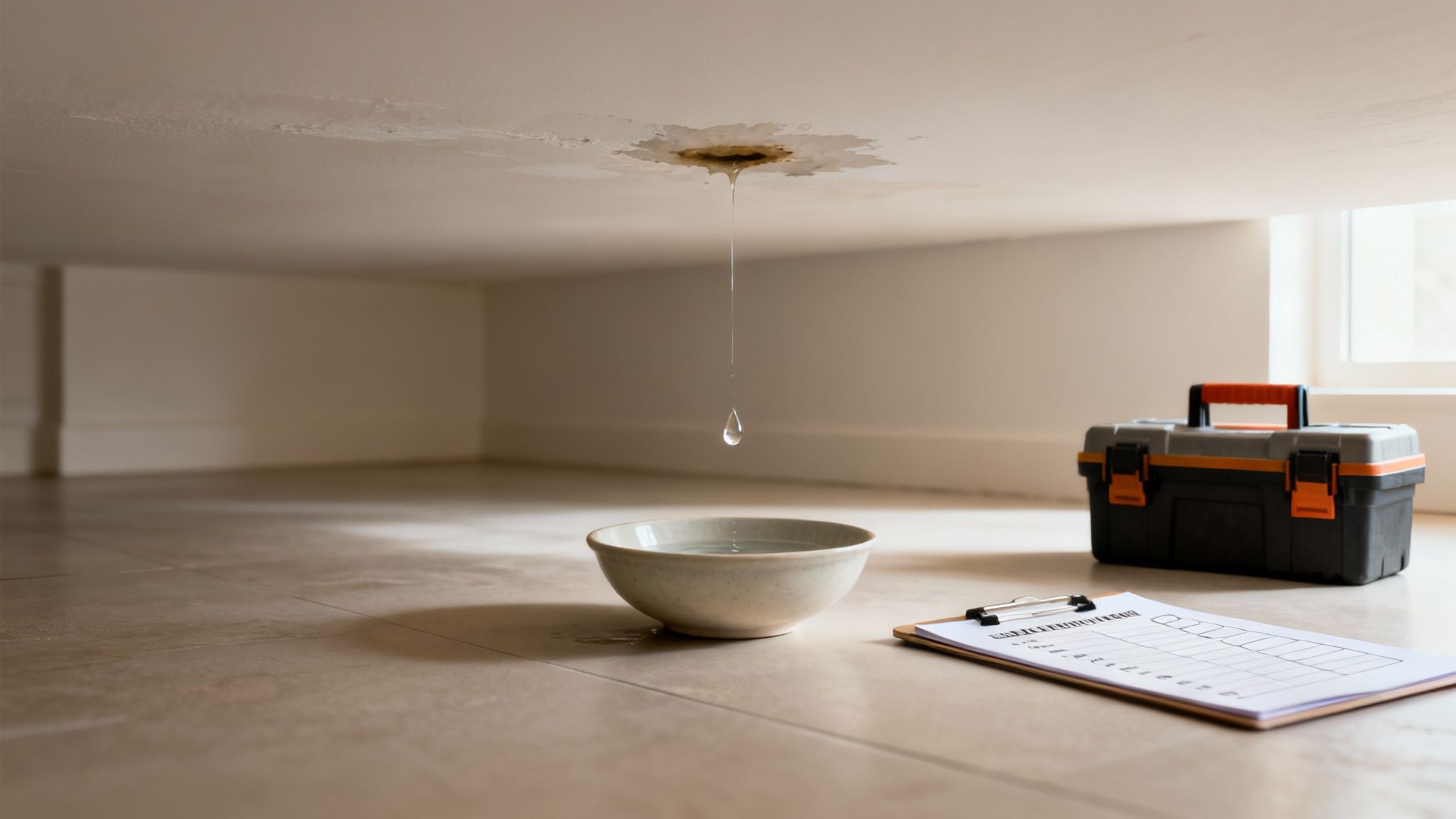 A close-up of a ceiling with a water leak dripping into a bowl, with a toolbox and clipboard nearby.