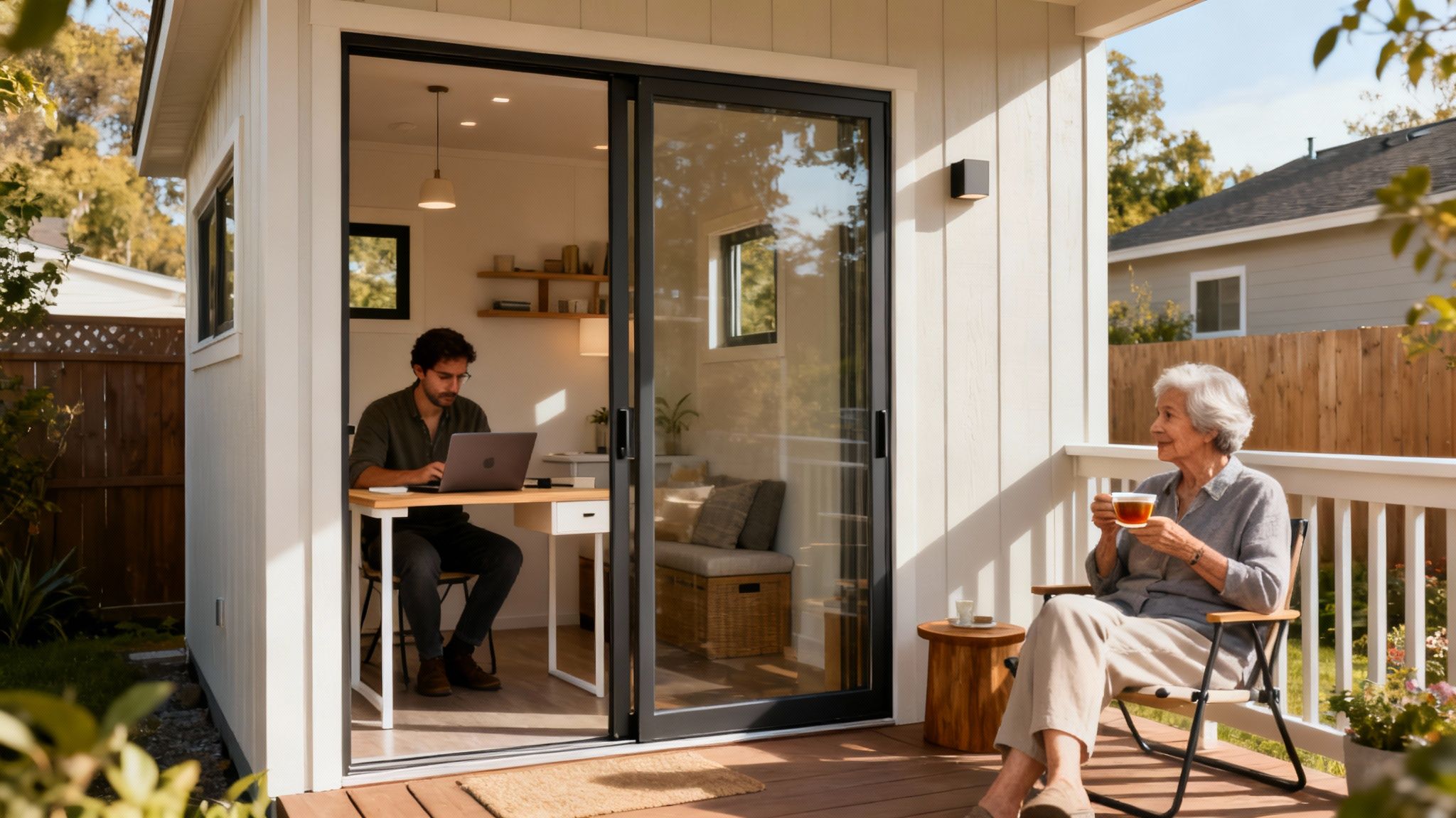A man works on a laptop in a modern backyard office while a woman sips tea on the adjacent deck.