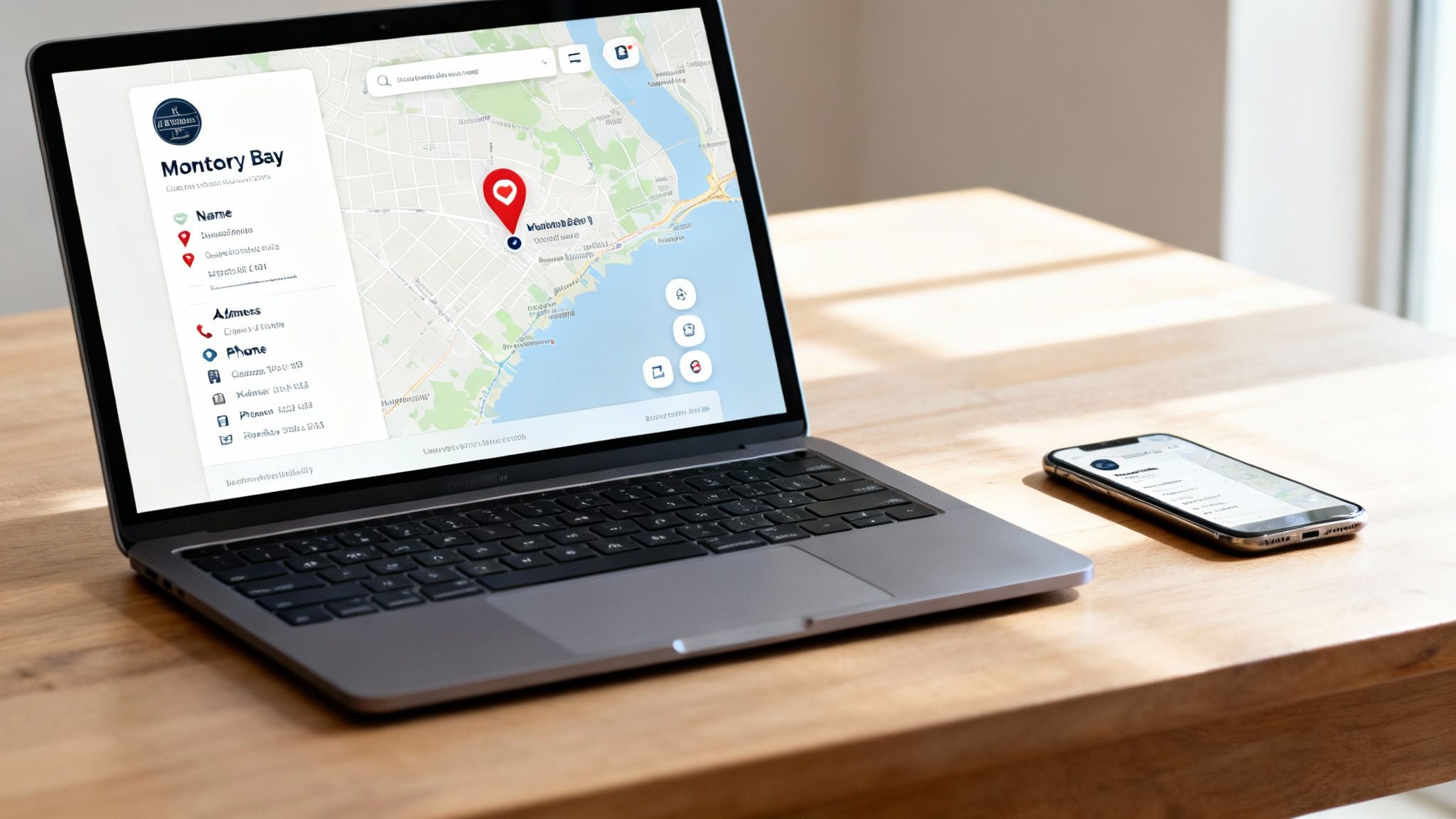 Laptop displaying map application with 'Montory Bay' location and contact details, alongside a smartphone on a wooden desk.