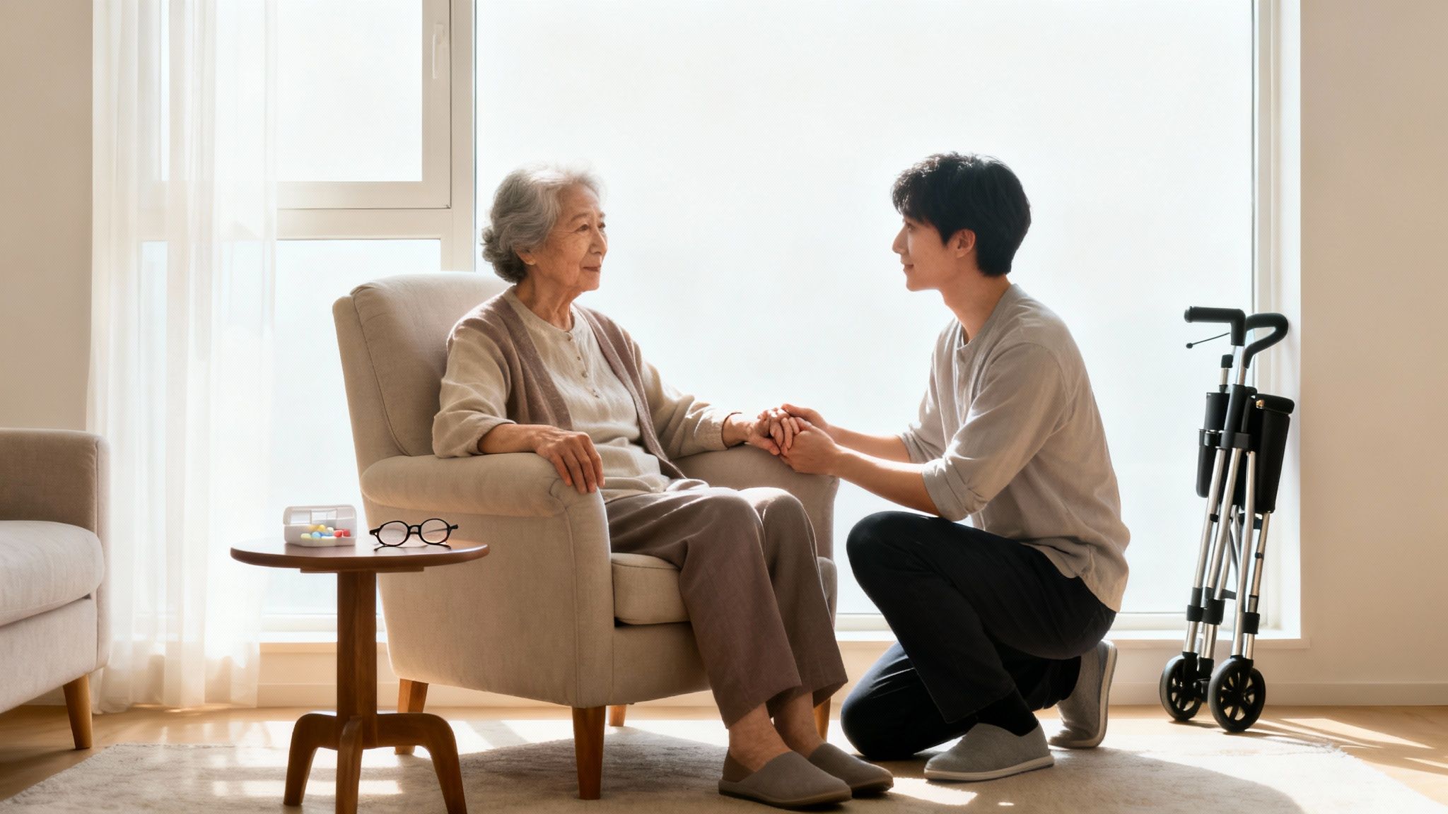 An elderly Asian woman sits in an armchair while a young man kneels, holding her hands, showing care.