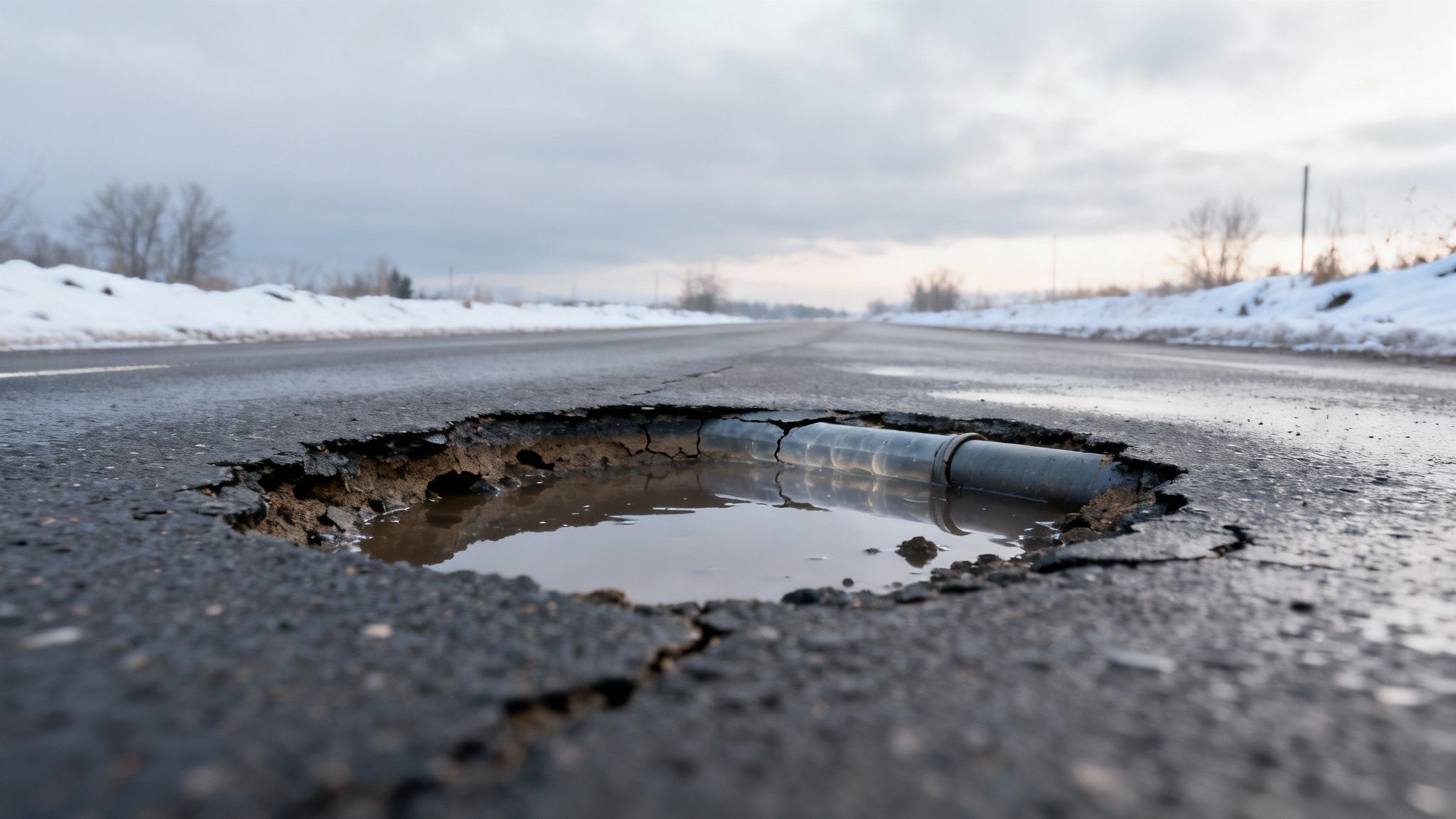 A large pothole on a rain-soaked asphalt road, showing the layers of pavement and subgrade.