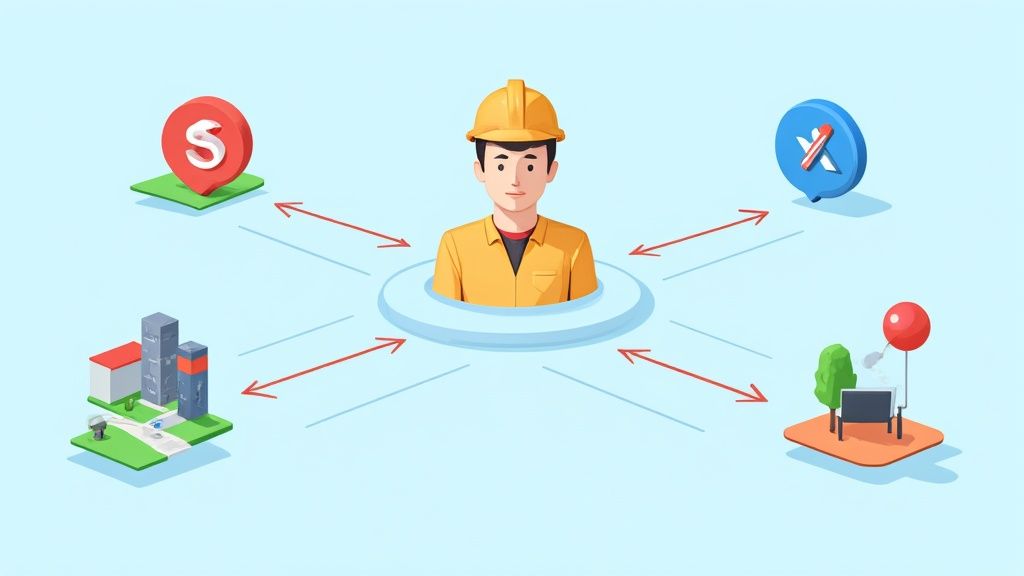A futuristic digital interface showing a network of connected devices and search platforms, representing the AI Search Sync system.