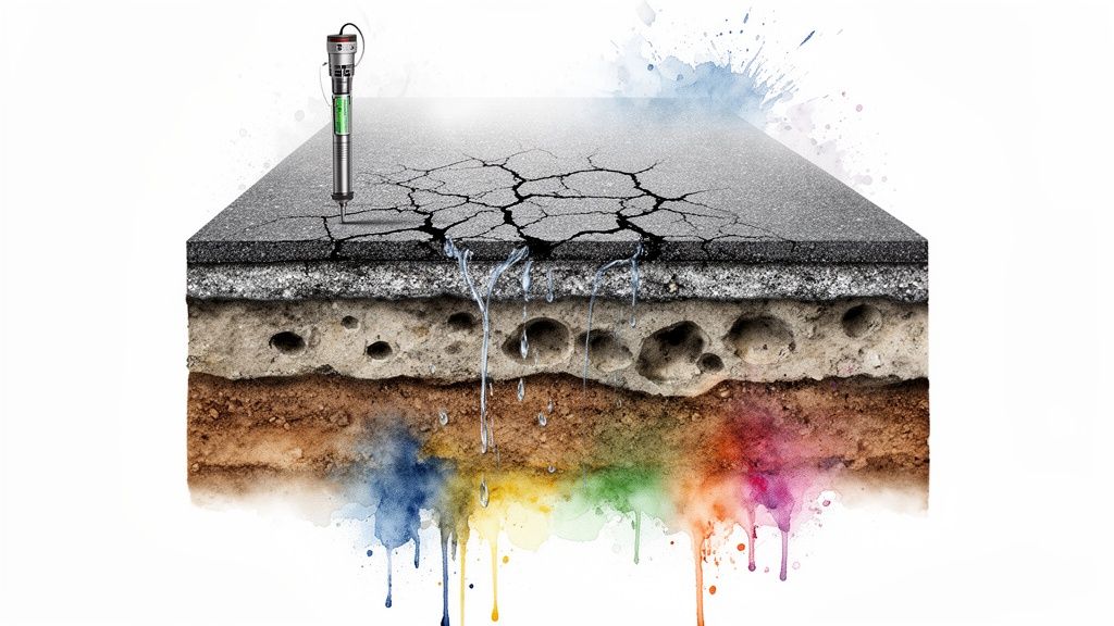 Alligator cracked asphalt road cross-section with water penetration, revealing damaged subsurface layers and sensor.