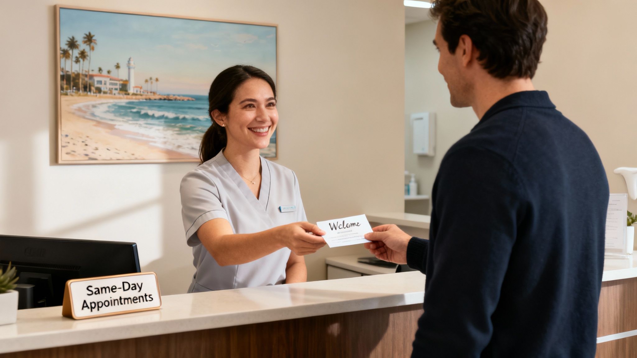 A smiling female receptionist hands a welcome card to a male patient at a modern front desk.