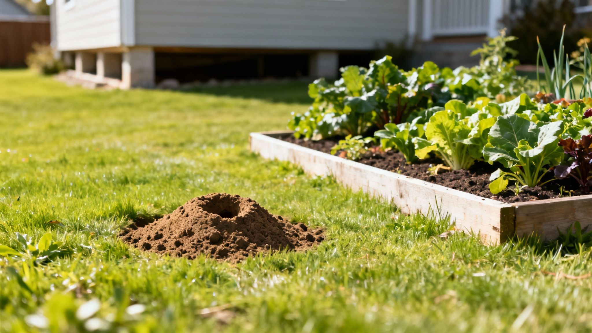 A fresh molehill in a green lawn next to a raised garden bed with growing vegetables.