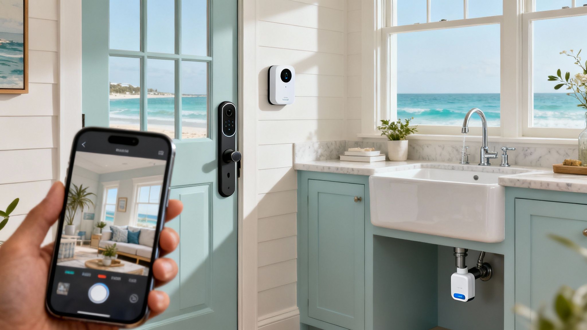 A person using a smartphone to monitor their home security system remotely.