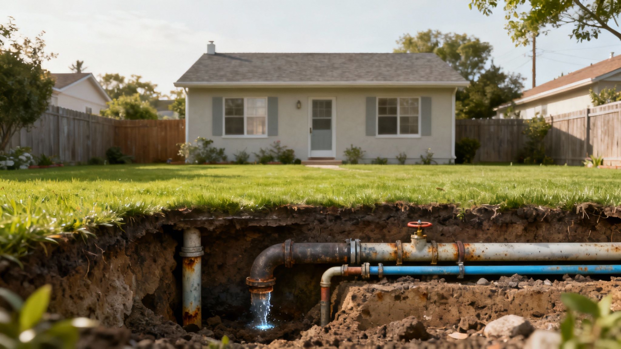 View of an open trench showing the replacement of an old underground sewer pipe.