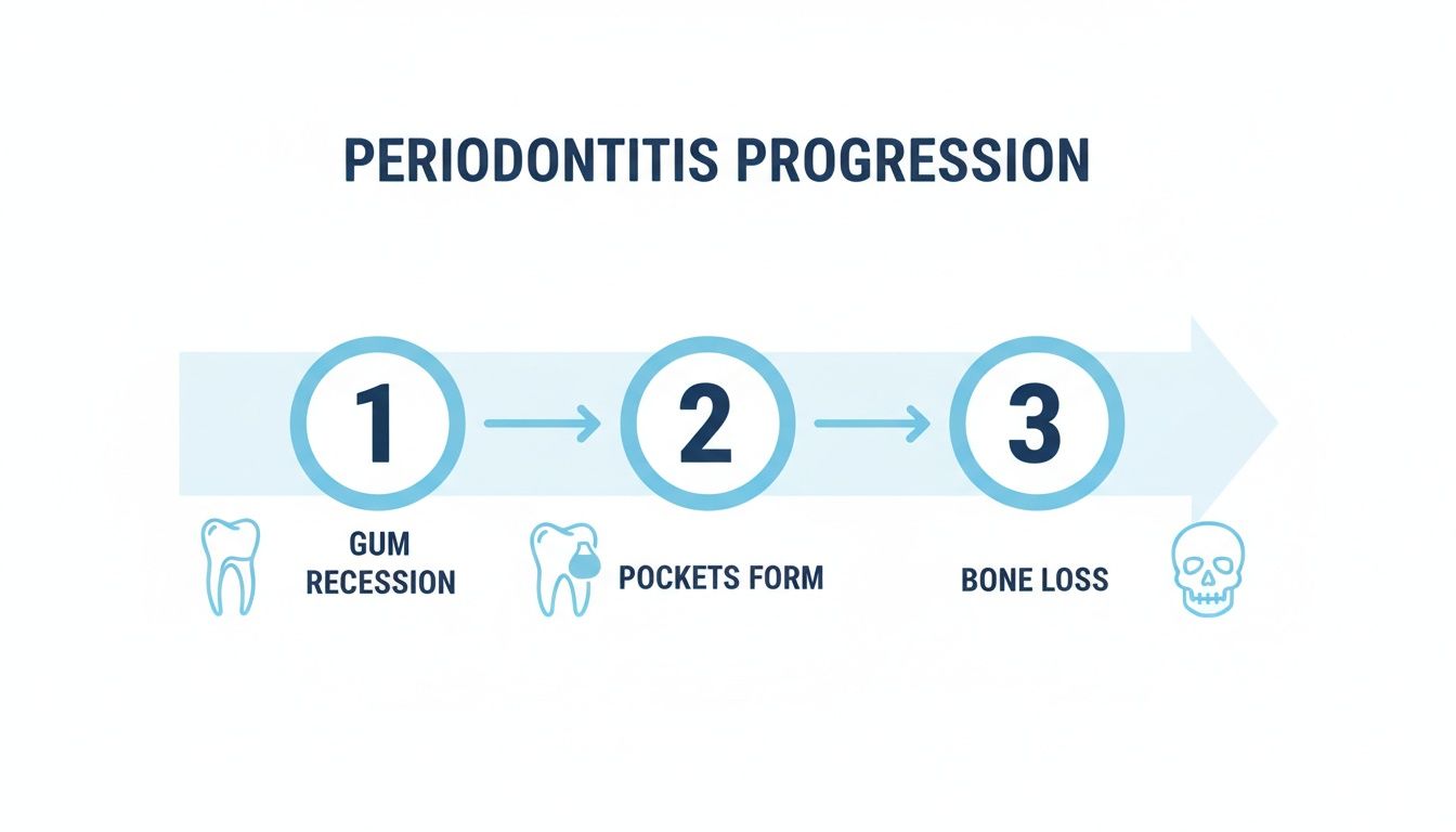 Diagram illustrating periodontitis progression in three stages: gum recession, pockets forming, and bone loss.
