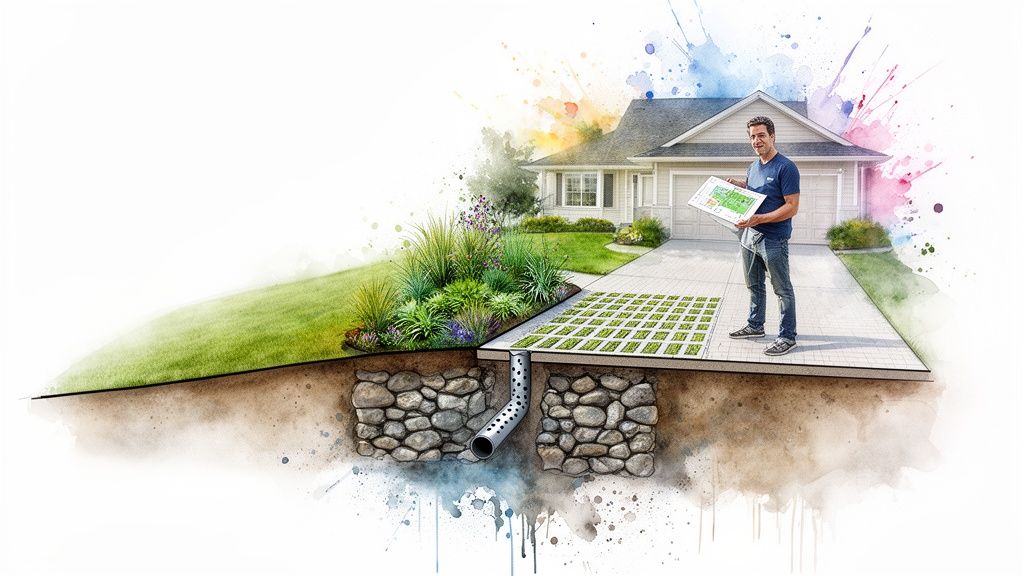 A man reviews plans for a house with permeable driveway and innovative subsurface drainage system.