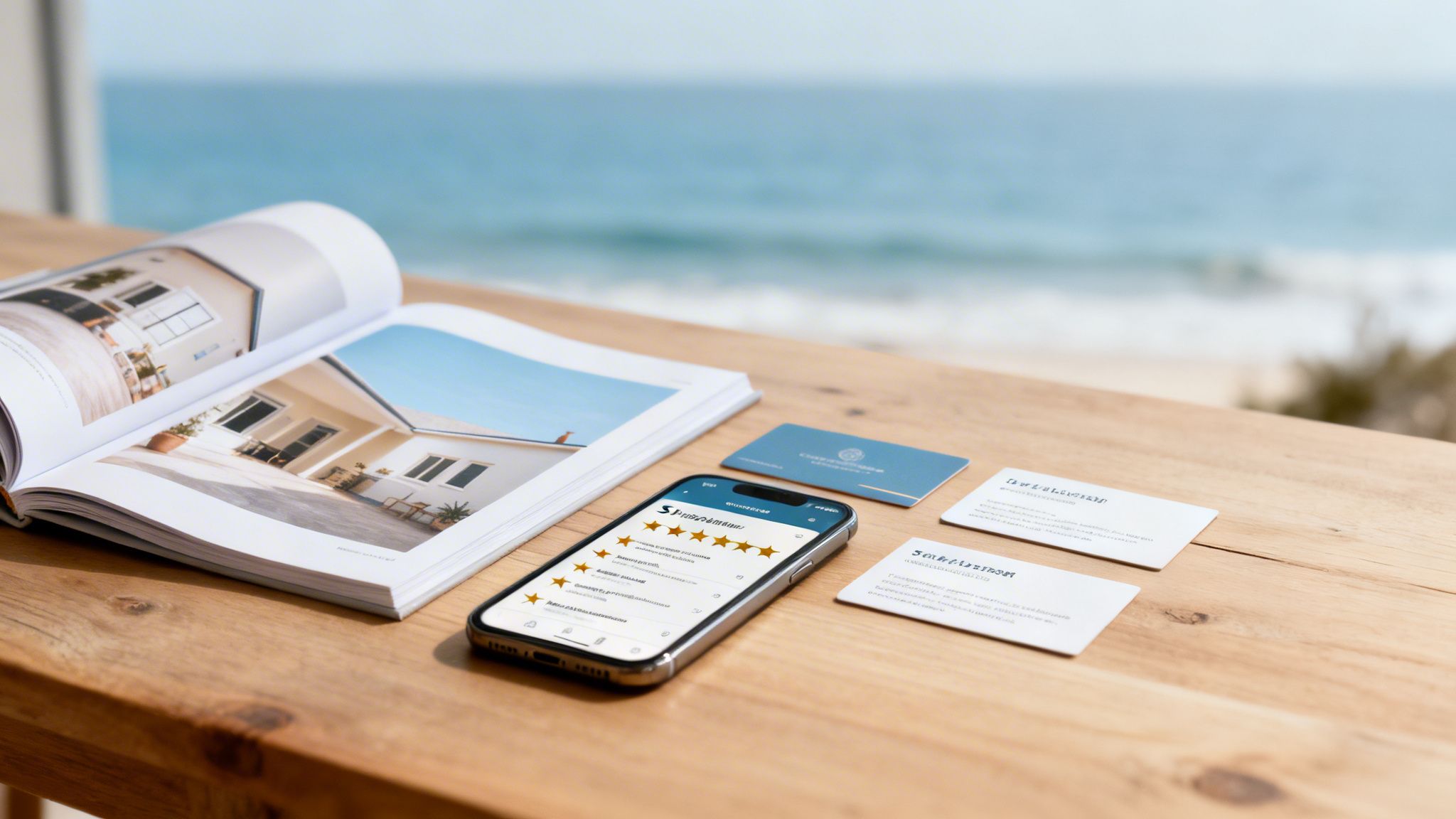 A magazine, smartphone with reviews, and business cards on a wooden table by the ocean.