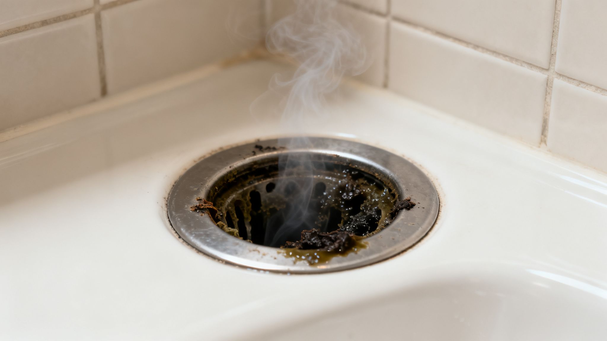 A clogged and smoking kitchen drain with dark grime, indicating a serious plumbing issue.