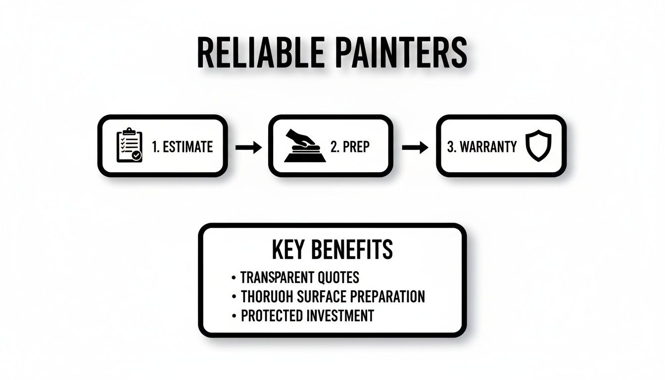 Flowchart showing Reliable Painters' process: estimate, prep, warranty, and key benefits like transparent quotes and protected investment.
