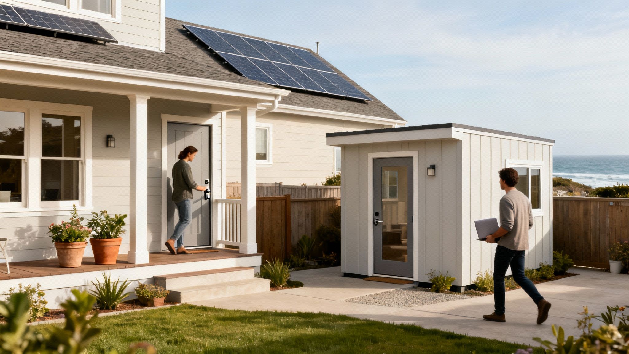 Two people at a house with solar panels and an ADU, near the ocean.