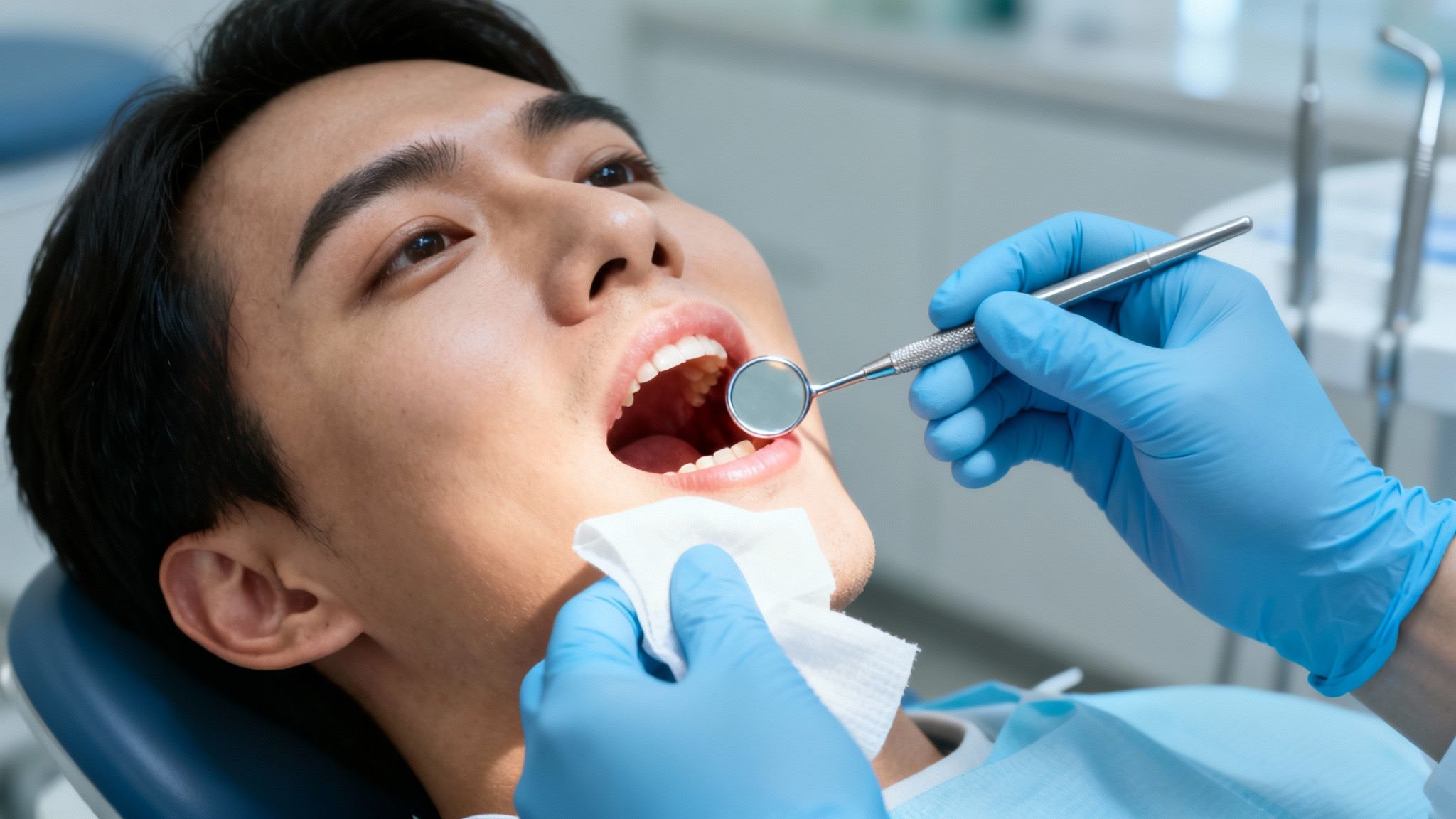A man in a dental chair receiving a check-up, with a dentist examining his open mouth.