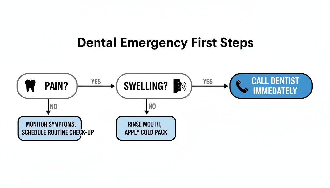A flowchart guiding on first steps for dental emergencies, starting with pain and swelling questions.