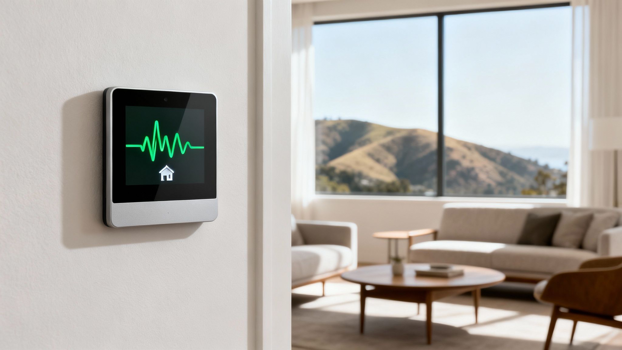 4 Smart Building Moves for Bay Area Remodels in 2026 1 A smart home control panel on a white wall displays a green waveform and house icon.