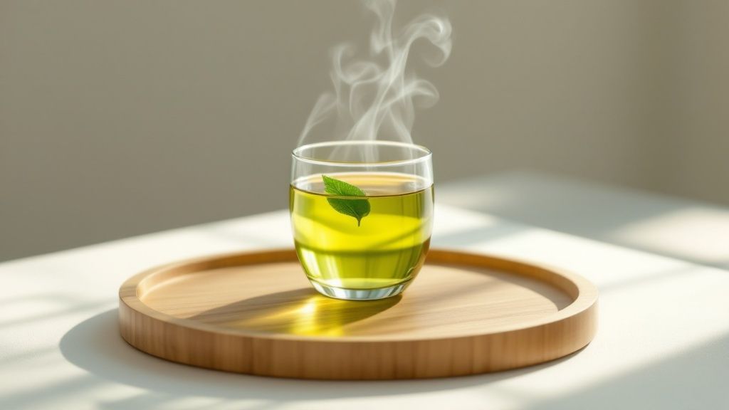 A cup of green tea with loose leaves on the side, representing a natural cavity prevention strategy.