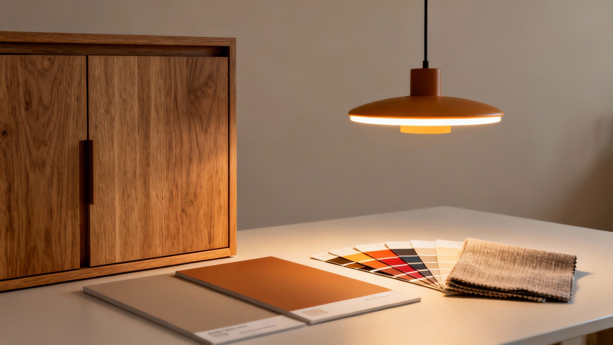 A warm wooden cabinet, an orange pendant lamp casting warm light, color swatches, and fabric samples.