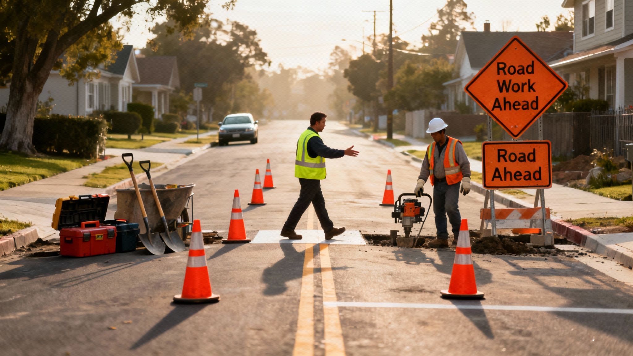 A construction crew managing traffic control measures around an excavation site in a busy municipal corridor.
